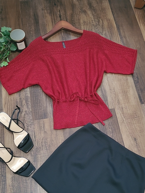 Massini Tops - Dark Red Sparkle Blouse with Dolman Sleeves
